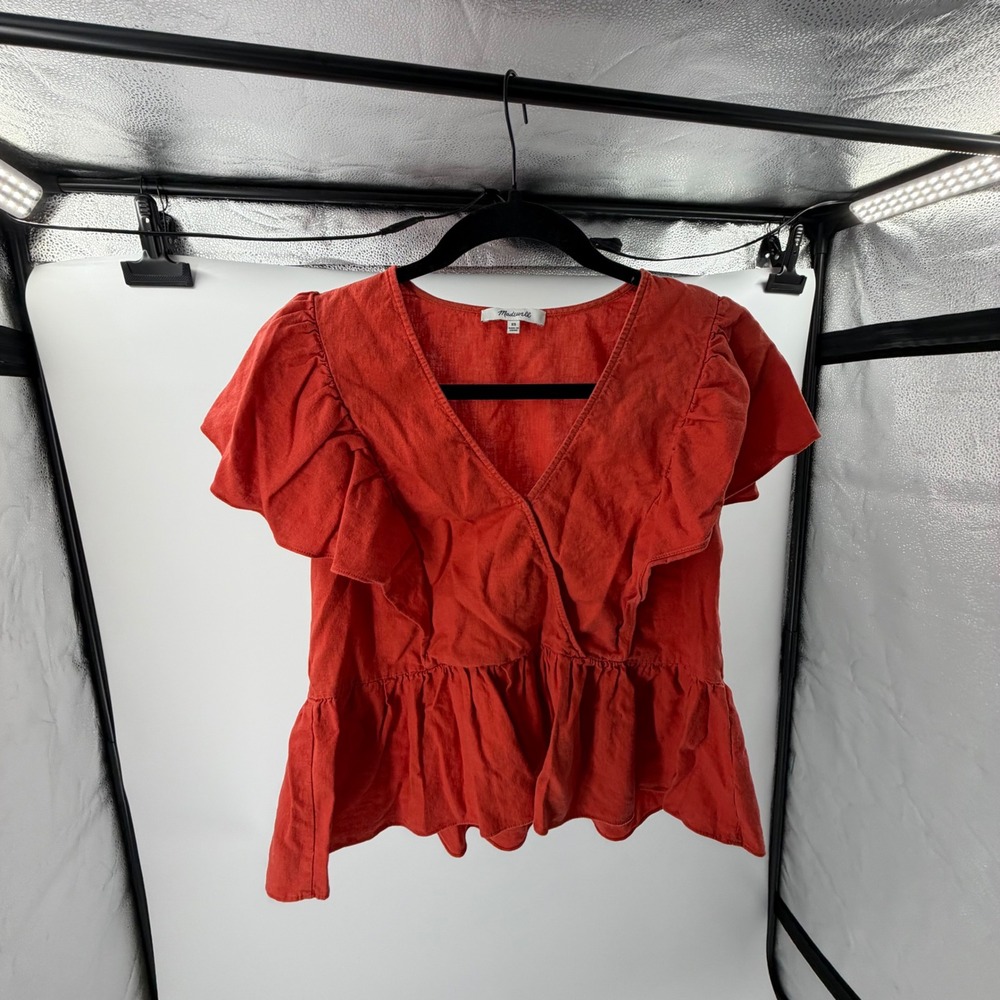 Madewell Ruffle Peplum Wrap Top Red Linen Blend V-Neck XS Short Sleeve‎